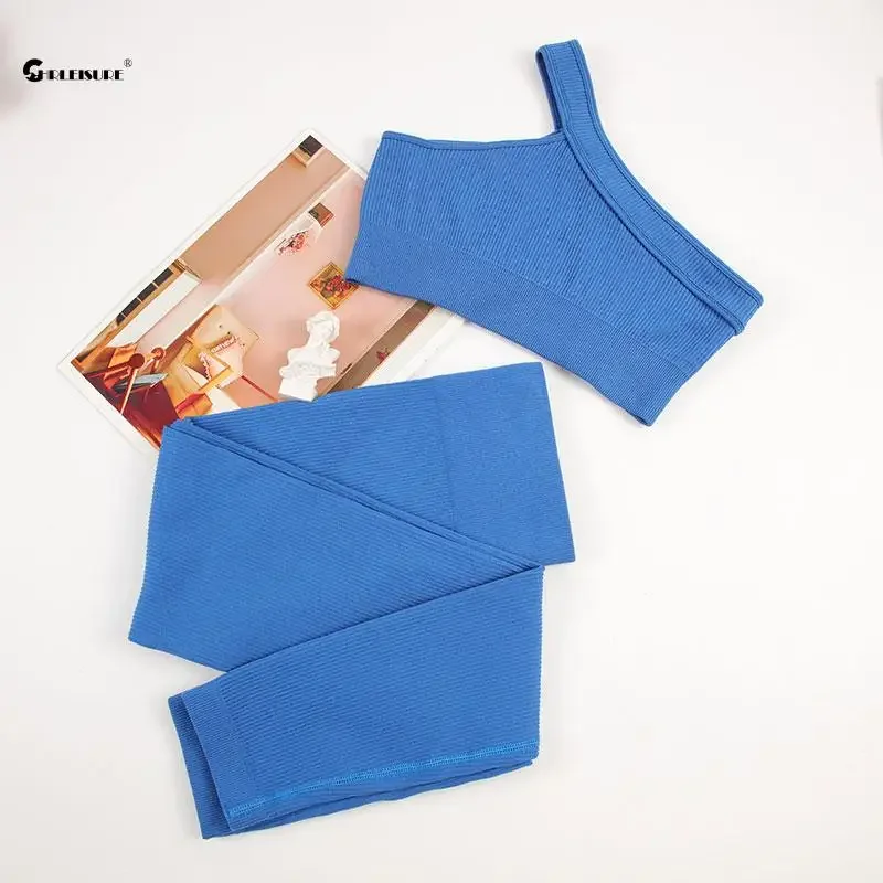 Бесшовный спортивный комплект CHRLEISURE женский костюм для фитнеса йоги в рубчик