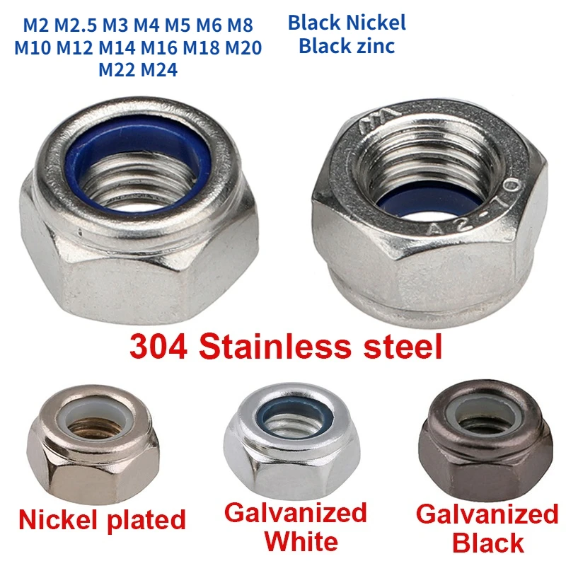 

M2 M2.5 M3 M4 M5 M6 M8 M10-M24 304 Stainless Steel Hex Nylon Insert Lock Nut Self-locking Locknut Black Galvanized Nickel Plated