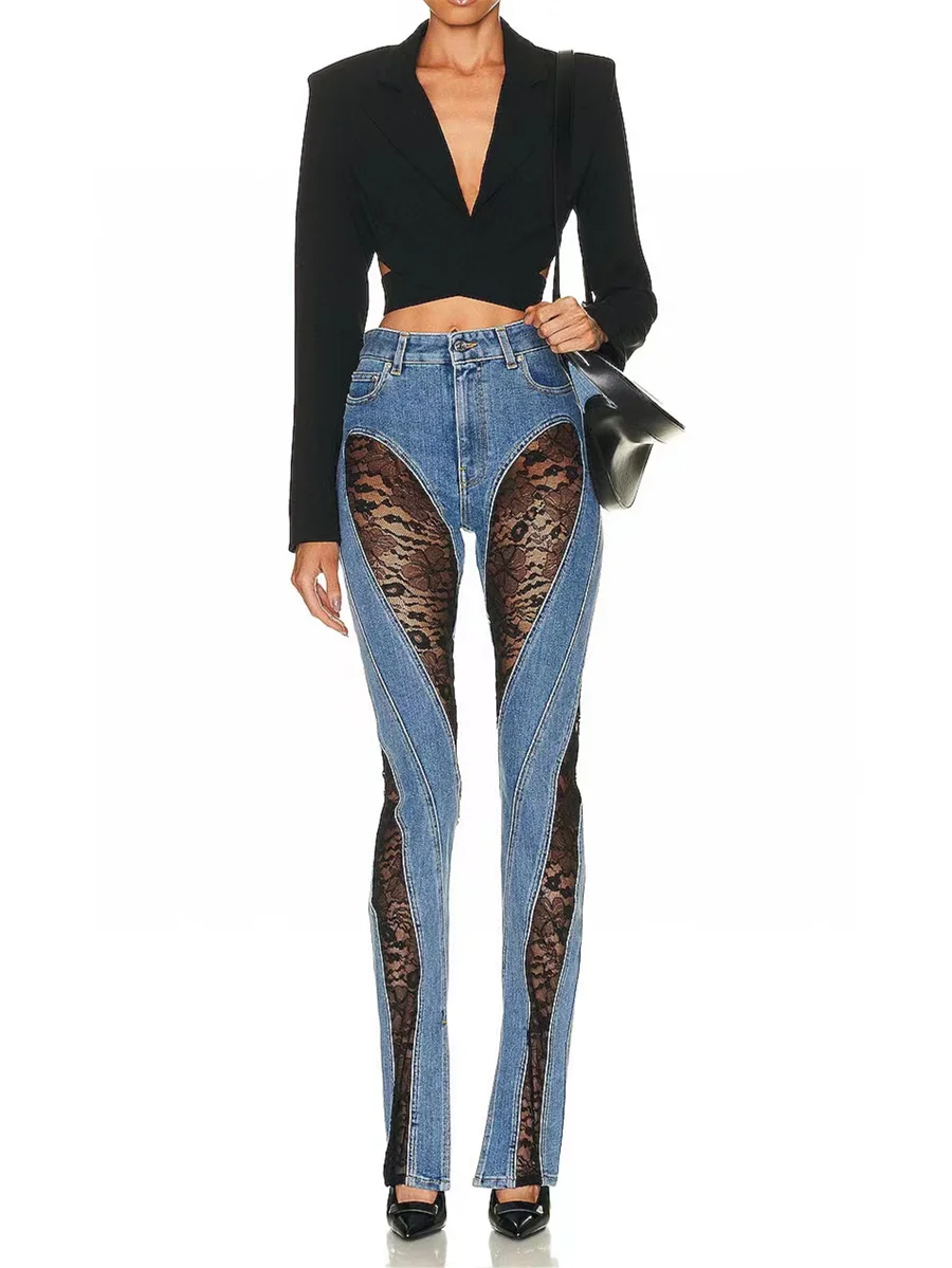 

2023 Women's jeans trend lace stitching high -waisted women's jeans y2k clothes new fashion high quality tight trousers traf bra
