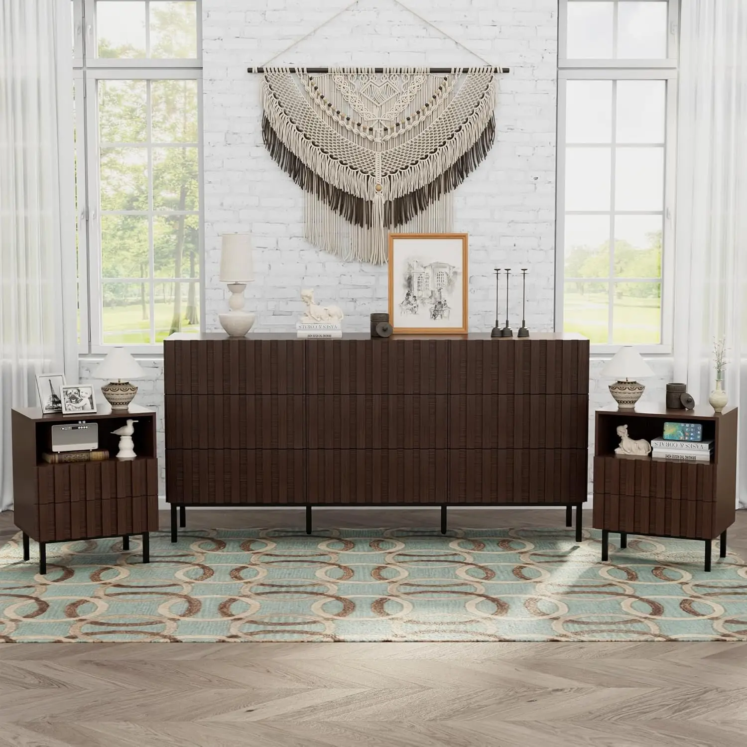 (Черный орех) Комод и тумбочка середины века с 9 ящиками набор из 2 предметов для