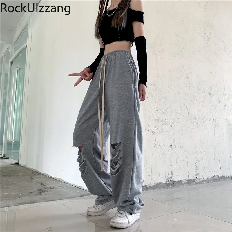 

Women Gray Jogger Pant Pocket Ripped Hole Drawstring Sweatpants High Waist Long Trouser y2k clothes korean gym sportwear workout