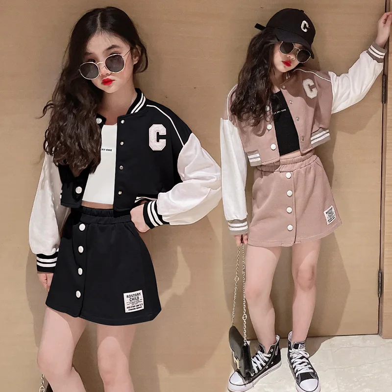 

Camel Baseball Girls Spring Summer Jackets Teenager Patchwork Button Black Crop Top Coats A-line Skirt Set Varsity Bomber Jacket