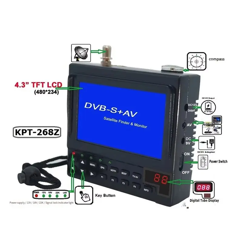 Фото Цифровой измеритель-приемник AT41 DVB-S 4.3 дюйма KPT-268Z для спутникового мониторинга Full HD, портативный спутниковый искатель DVB-S №1