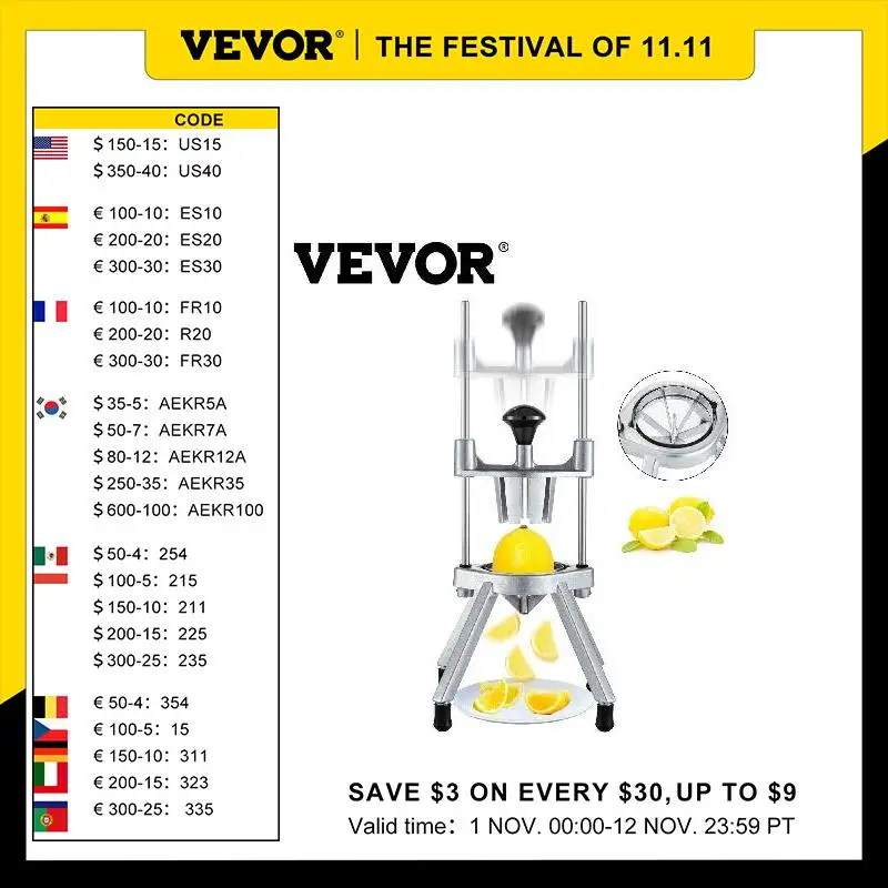 

VEVOR 6-Section Lemon Wedge Slicer/Chopper Fruit Vegetable Cutter Aluminum Alloy Structure Easy to Operate Clean Santity Home