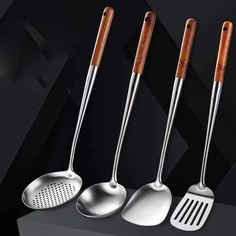 

304 Stainless Steel Spoon Rosewood Long Handle Kitchen Utensils Set Anti-scald Frying Pan Frying Cooking Shovel Soup Colander