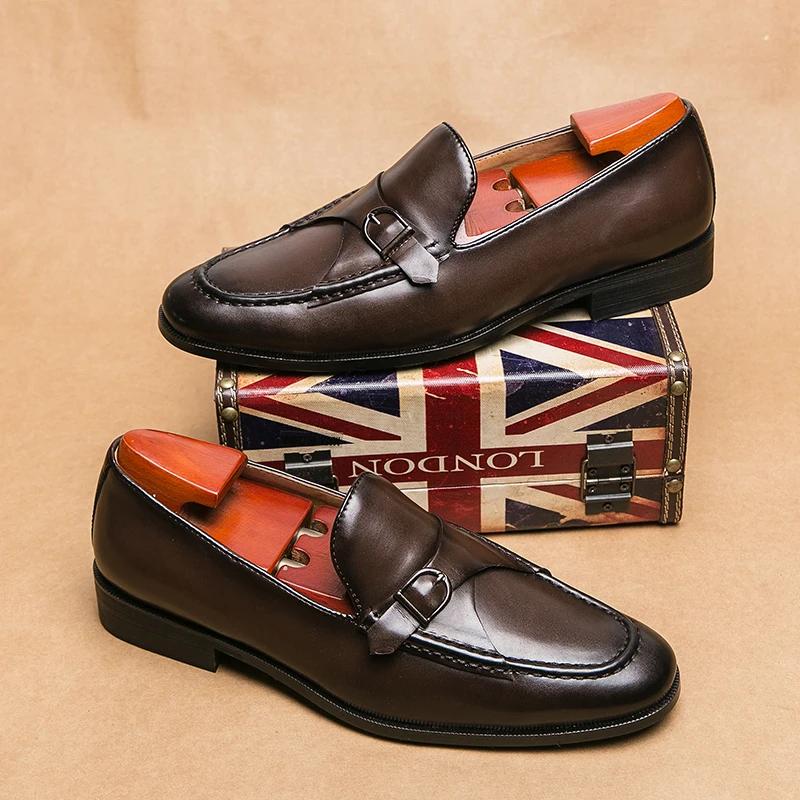

New Brown Loafers for Men Pu Leather Square Toe Slip-On Solid Business Mens Dress Shoes Handmade Sapatos Para Hombre