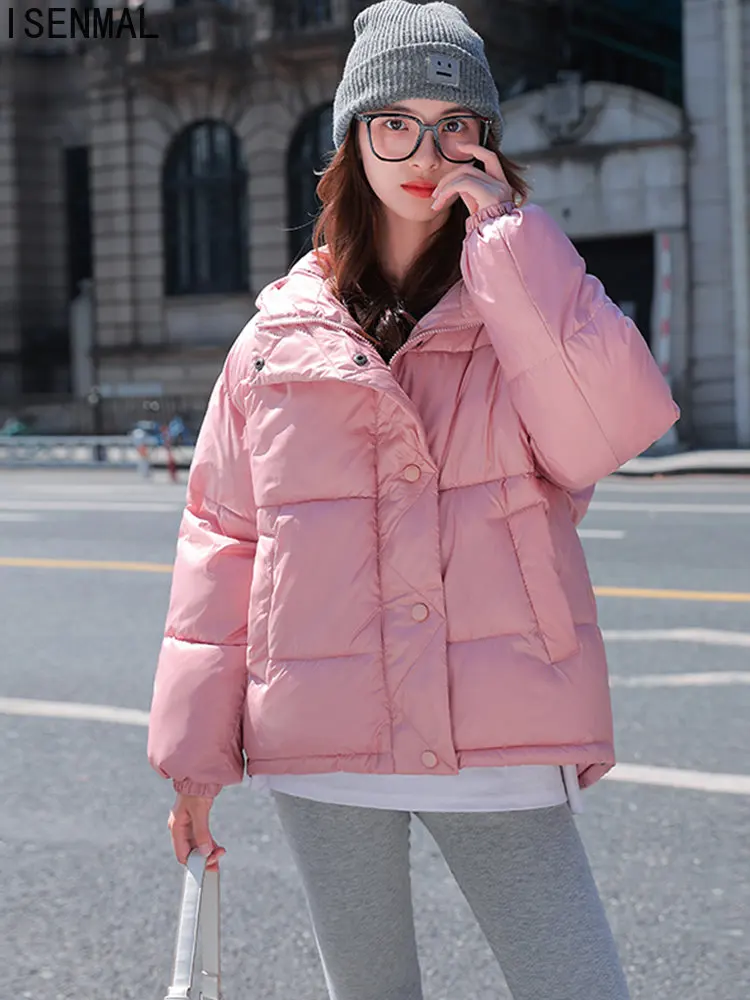 Hooded Women WInter Padded Parka Solid Blue Pink White Female Warm Korean Style Oversized Loose Coat Short Jacket Puffer