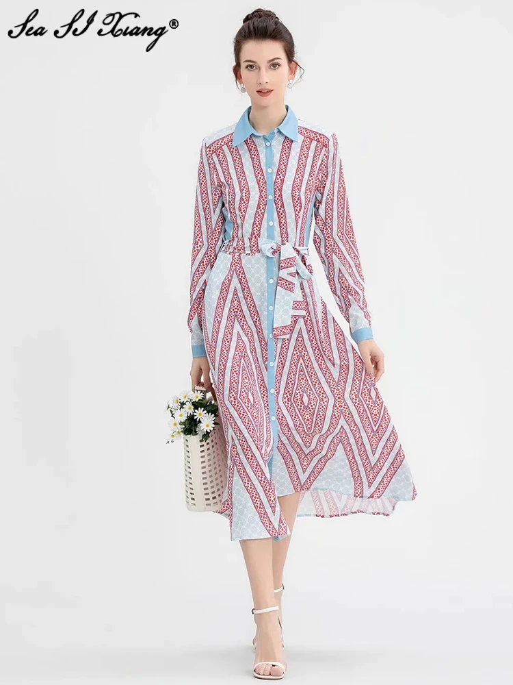 

Seasixiang Fashion Designer Summer Dress Women Long Sleeves Sashes Geometry Print Vintage Midi Dresses