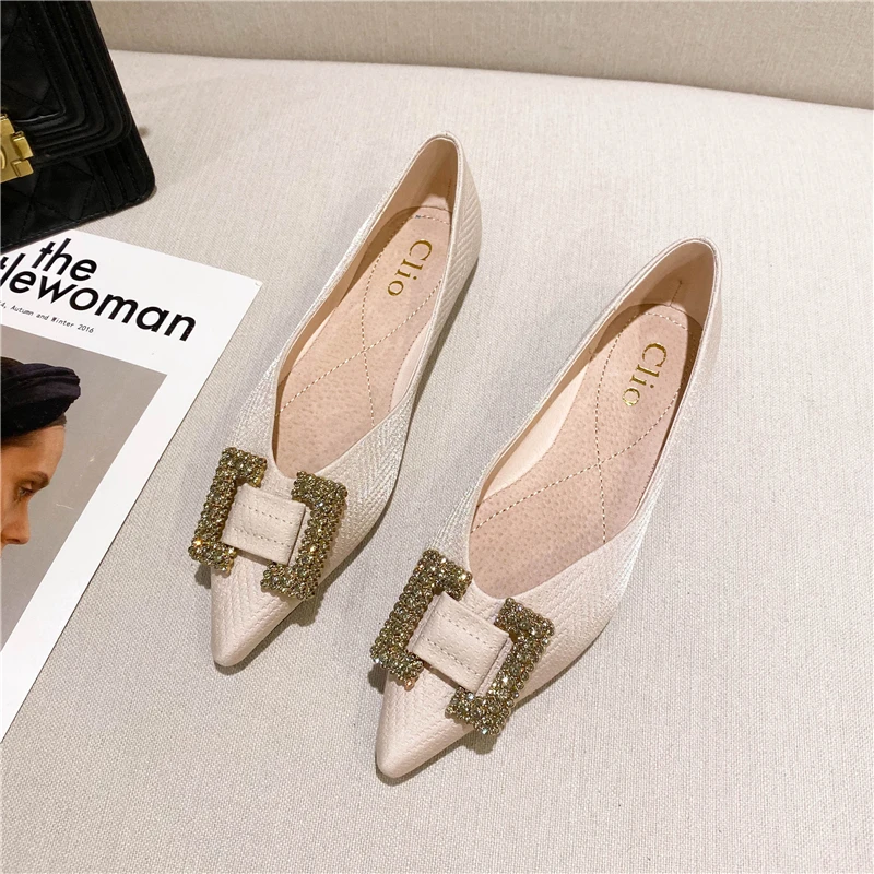 

Fashion Rhinestone Buckle Shallow Mouth Pointed Toe Flat Shoes New Soft Sole Single Shoes Autumn Women's Work Shoes Large Size