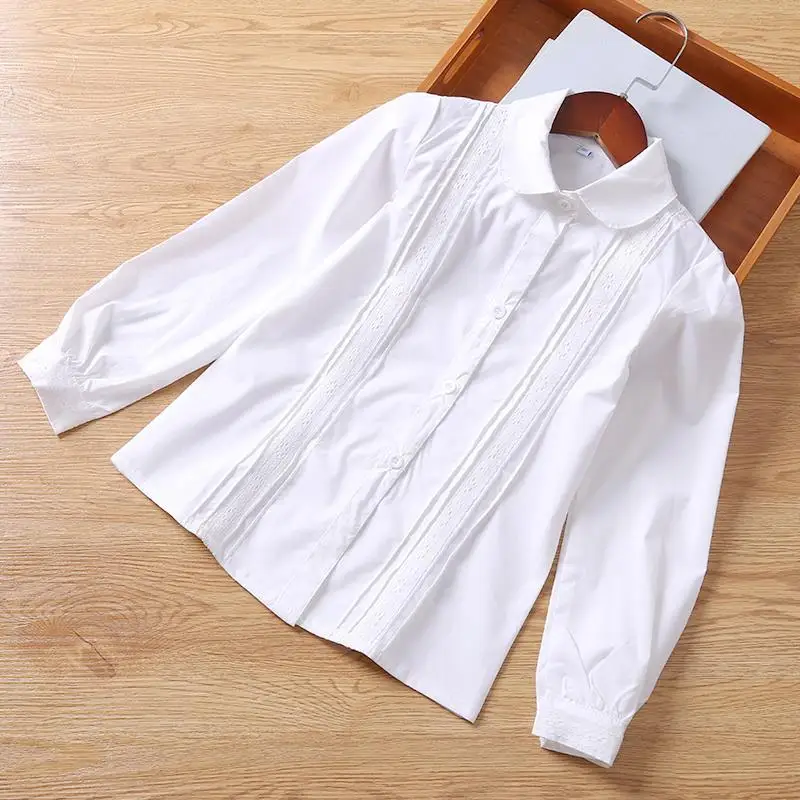 

2023 Spring Summer Young Girls' White Shirts Long Sleeve Top Preppy Style Lace Single Breasted Loose Causal 5-12 Years Old