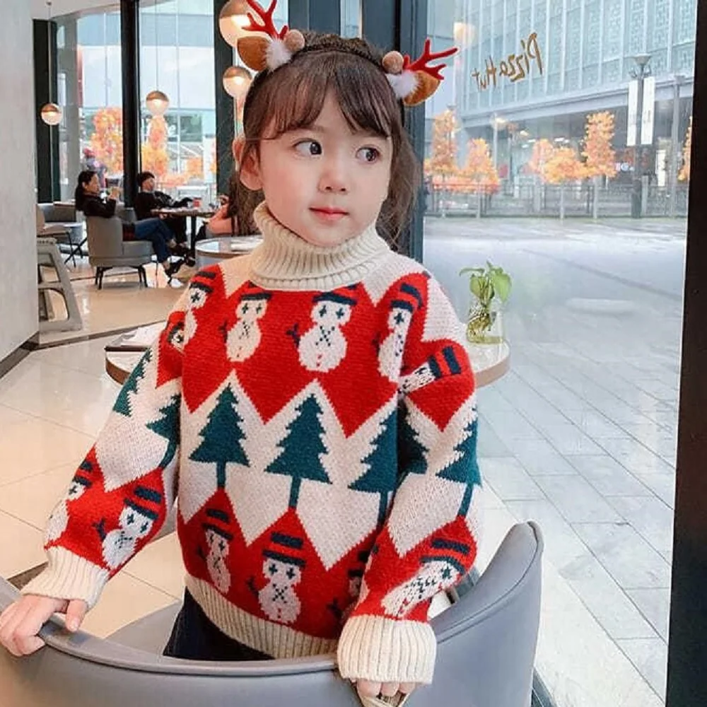 

Laura Kors 2023 New Arrivals Winter Children Long Sleeve Turtleneck Print Snowman Sweater Child Coat Clothes 18M-8T