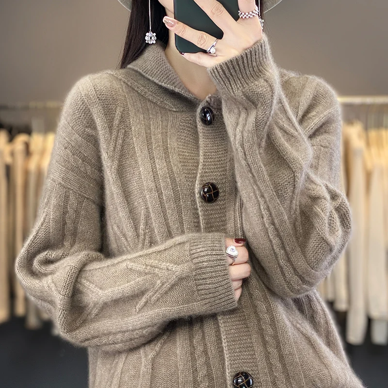 Осень и зима новый свитер из 100% мериноса женский вязаный кардиган на пуговицах