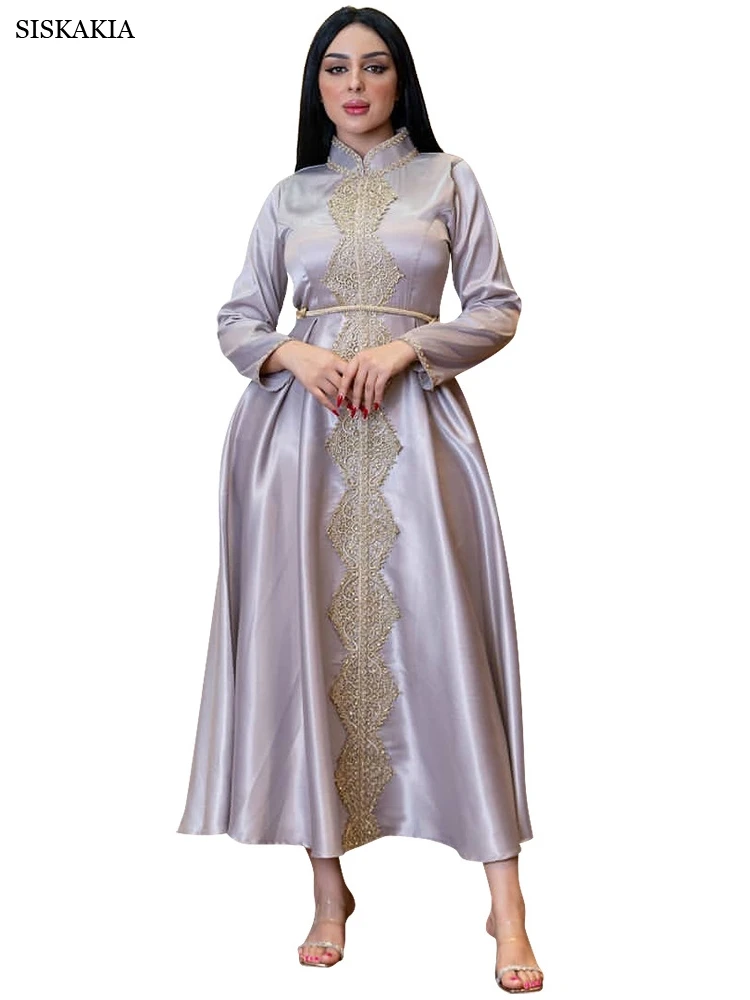 

Элегантные атласные вечерние платья для женщин винтажные этнические золотые кружевные аппликации отделка воротник стойка длинный рукав Д...