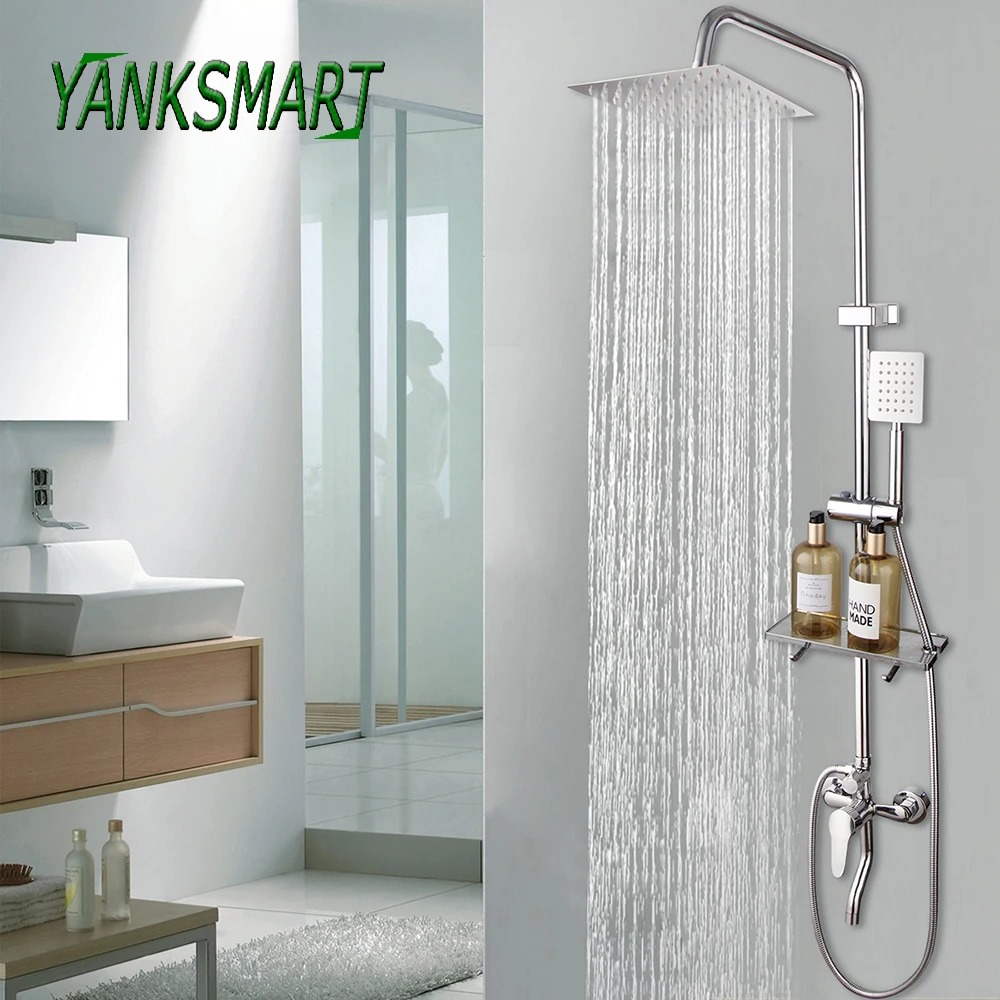 

YANKSMART 8" Chrome Polish Rainfall Wall Mount Ultrathin Shower Head Faucet Bathroom Adjust Height Handheld Shower Mixer Faucet
