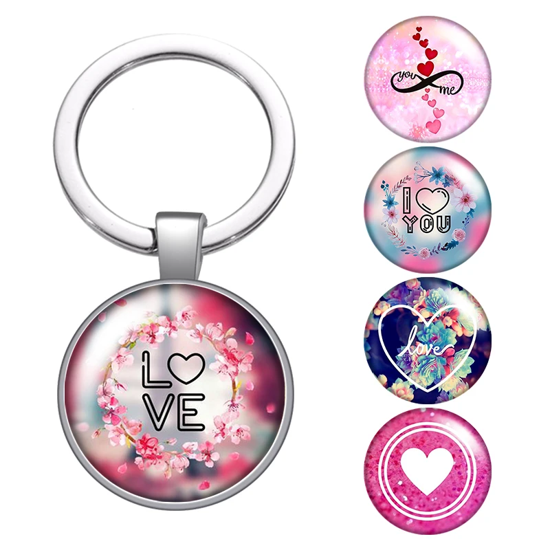 

LE Flowers Love Hearts Glass Cabochon Keychain Bag Car Key Chain Ring Holder Charms Silver Color Keychains For Men Women Gifts