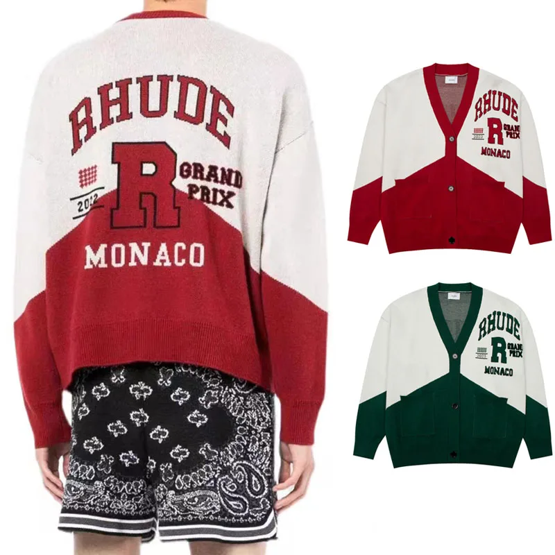 

Fashion Cardigan Rhude V-neck Jacquard Knit Sweater Men Women The Same Kind 1:1 Best Quality Green Red Sweatshirts