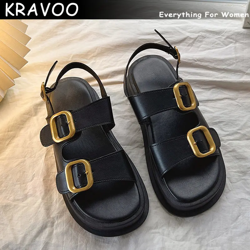 

KRAVOO Gladiator Platform Women's Sandals 2023 Summer Women Flat Sandals Fashion Casual Metal Buckle Soft Bottom Ladies Sandals
