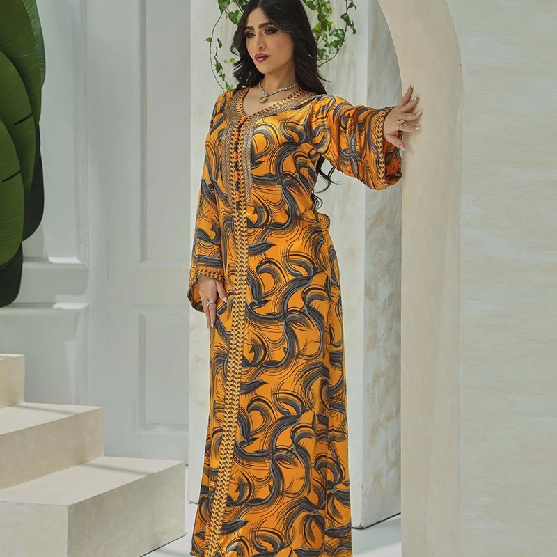 Floral Print Muslim Long Sleeve Abaya For Women 2022 Dubai Turkey Hijab Moroccan Kaftan Dress Luxury Arabian Ramadan Eid  Abayas