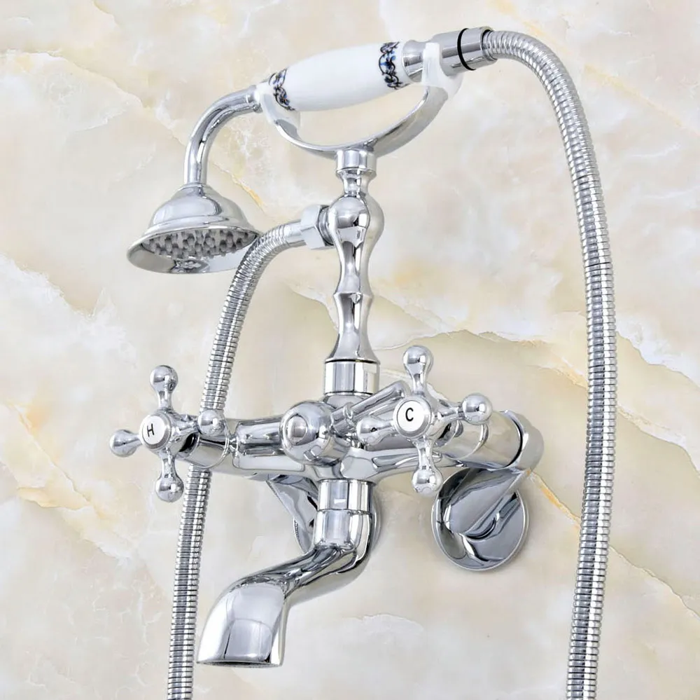 

Polished Chrome Brass 3-3/8" Tub Mount Clawfoot Tub Faucet Mixer Tap With Hose & Spray Wall Mounted Dual Cross Handles mqg418