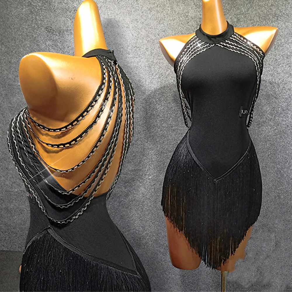 

Женское платье для латиноамериканских танцев, черное платье с бахромой и надписью «Cha Tango», танцевальные костюмы, сценическая одежда, модель W297, 2022