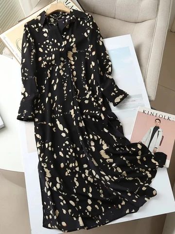 Women's Slim Print Long Dress Elegant Chic Long-sleeved Lapel Summer Female Dress