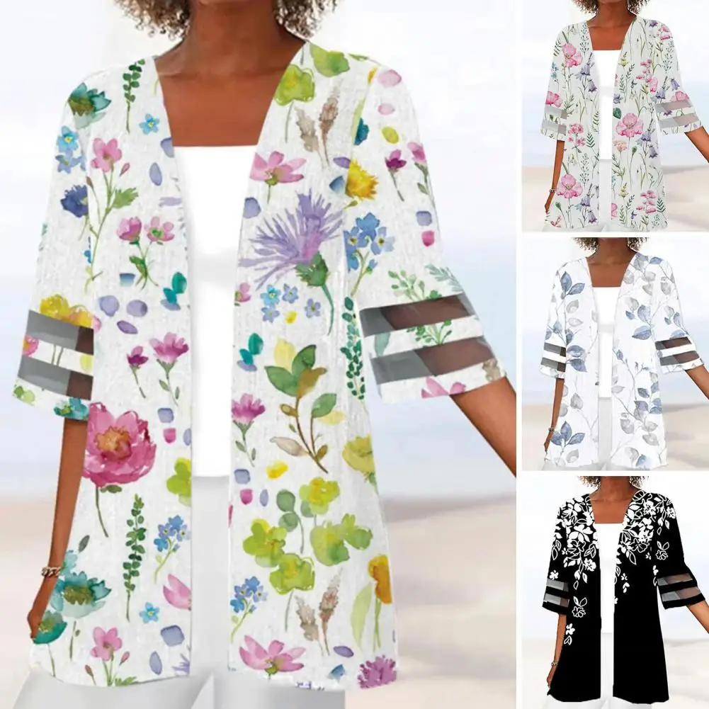 

Lady Spring Fall Coat Vintage Mesh Patchwork Mid Length Jacket for Women Floral Print Half Sleeves Open Stitch A Stylish Women