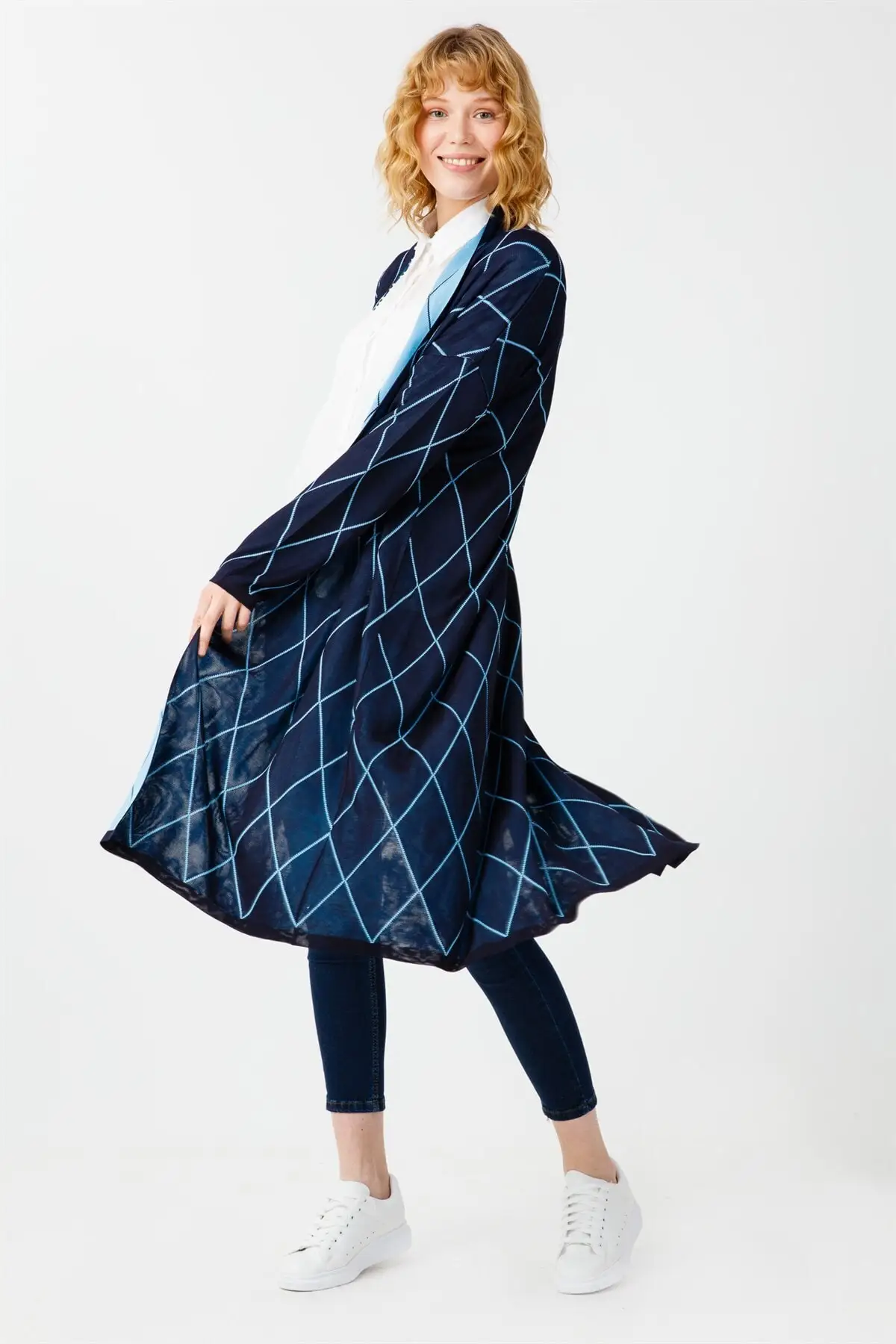 

Women's Cardigan Navy Blue Diamond Patterned Long Flush Casual Knitted Quality Fashion Sweaters Loose Jumper