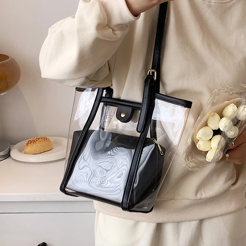 Fashion Transparent Pvc Handbags for Women Soft Pu Leather Bag Summer Beach Composite Bags Bucket Purses tote bag Shopping bag