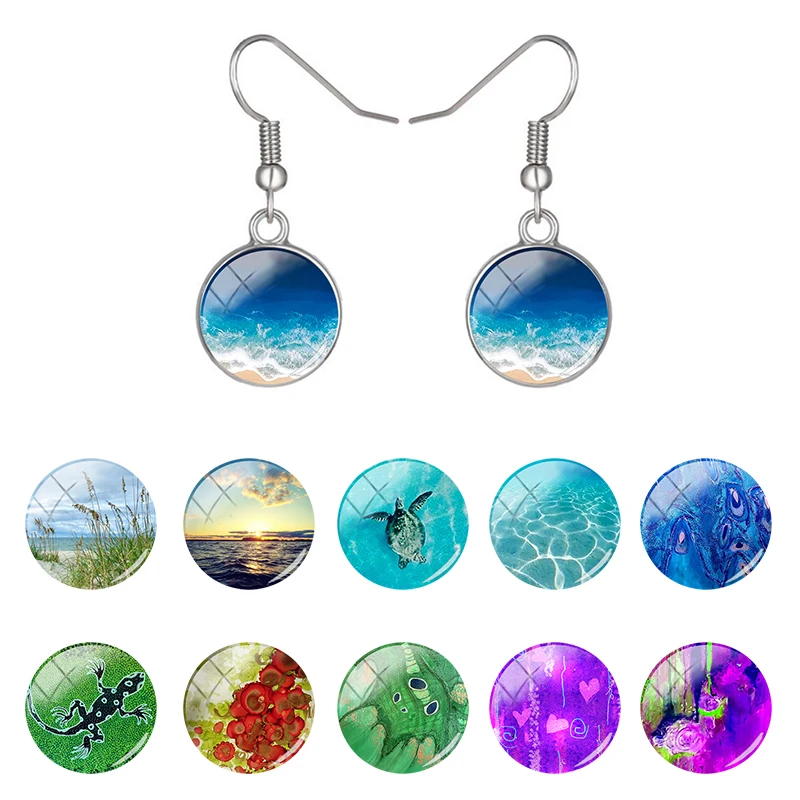 

Colorful Natural Scenery Drop Earrings 12mm Round Glass Cabochon Dome Earring Women Fashion Ear Jewelry 2022 Hot FJ01