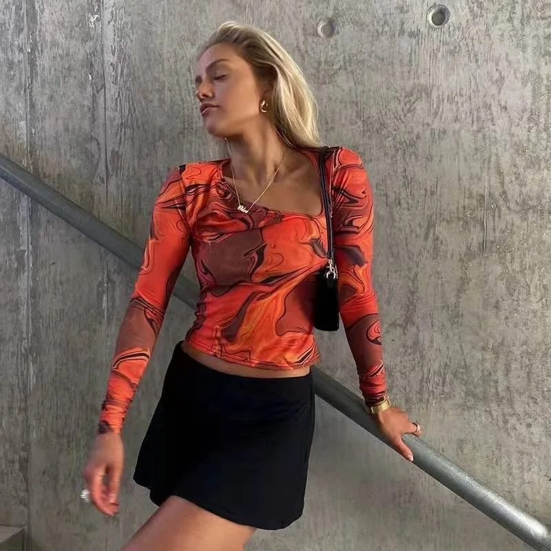 

2022 Tie Dye Print Long Sleeve Crop Top Women Y2K Casual Summer Spring Aesthetic Harajuku Cut Out Orange Sexy T Shirts 90S
