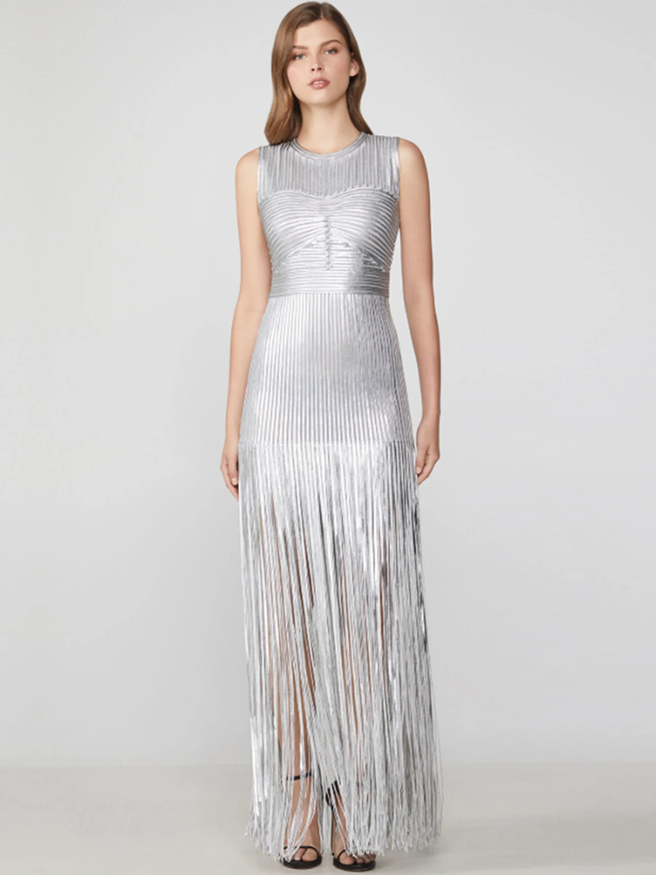 

Adyce New Summer Women's Tank Silver Tassel Maxi Bodycon Bandage Dress 2022 Sexy Sleeveless Club Celebrity Evening Party Dresses