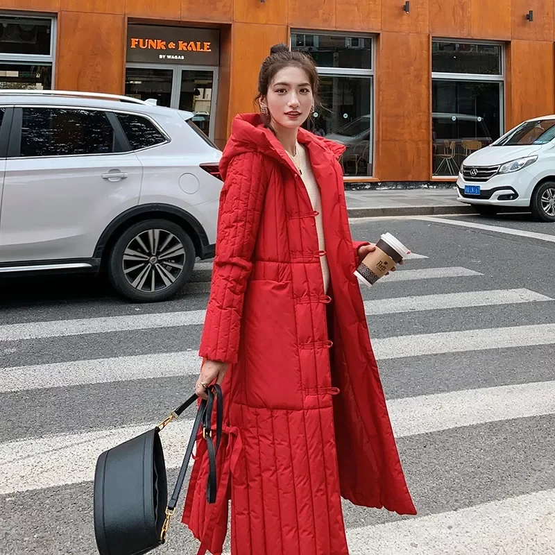 Cold Coat Loose Thick Solid X-Long Women's Winter Quilted Jackets  Single Breasted Hooded Stand Collar Casual Parkas