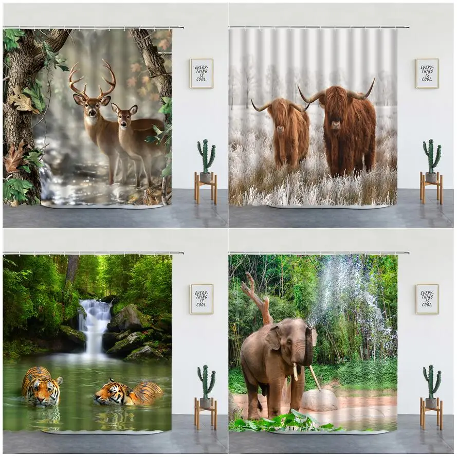 

Wild Animals Shower Curtain Elk Highland Cattle Tiger Elephant Farm Cow Forest Waterfall Natural Scenery Bathroom Decor Curtains