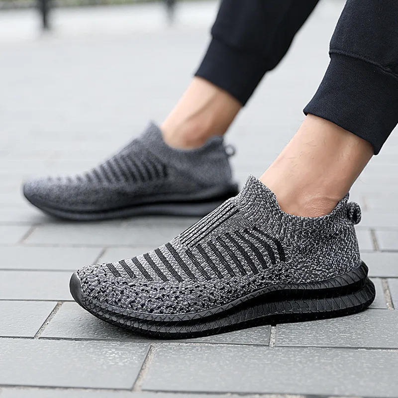 Hot Sale Cheap Grey Mesh Sock Sneakers Man Breathable Slip-on Running Shoes Men Comfortable Men's Trainer Shoes Plus Size 49