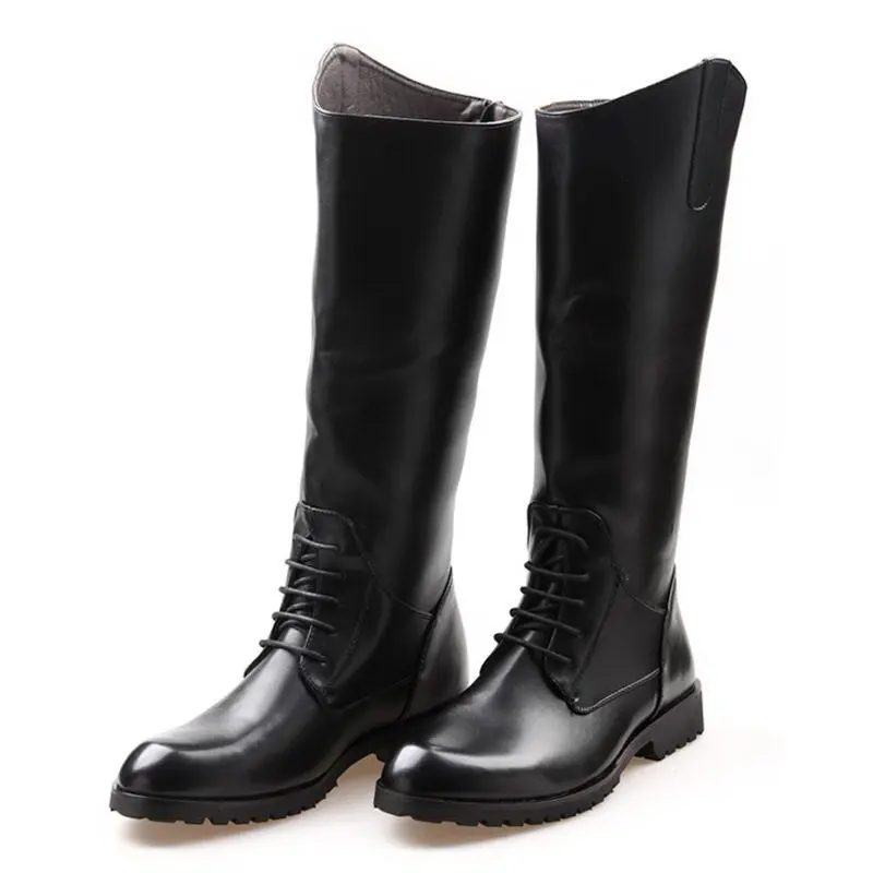 

Fashion Mens Black Knee High Boots Designer Army Training Long Motorcycle Shoes Antique Cosplay Casual Street Riding Botas