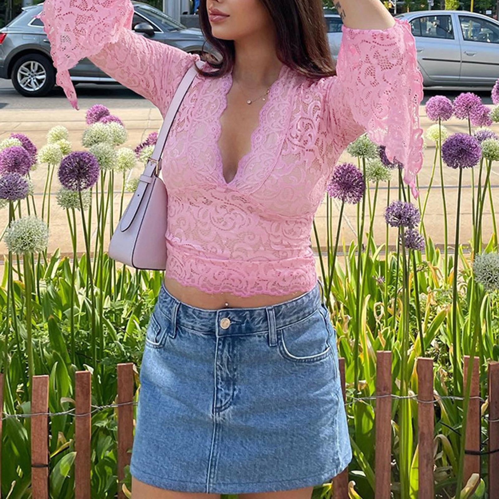 

Women Long Sleeve Top Ladies Summer Shirt Top Deep V Neck Flare Sleeve Navel Exposed Low Cut Y2K Sexy Style Daily Outfit