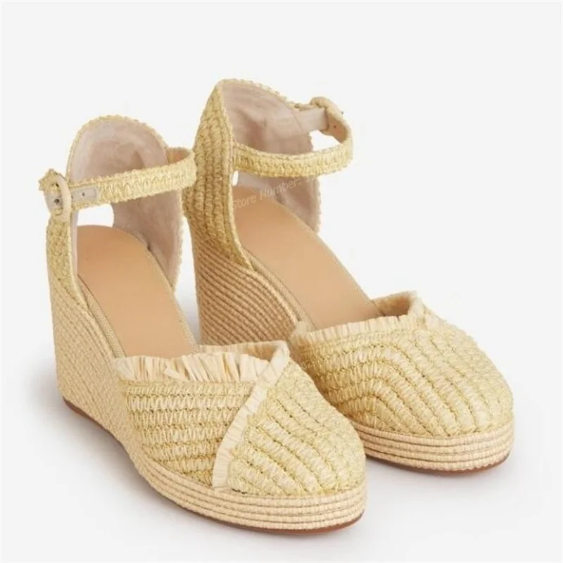 

Apricopt Espadrilles Wedges Heels Sandals Woven Back Strap Round Toe Shoes for Women Cover Heel Shoes 2023 Zapatos Para Mujere