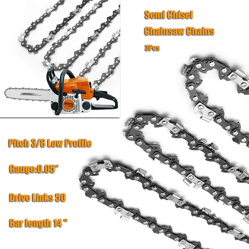 

3Pcs Gasoline Chainsaw Semi Chisel Chains 3/8LP 0.05 50DL For Stihl MS170 MS171 MS180 MS181 Electric Saw Attachment