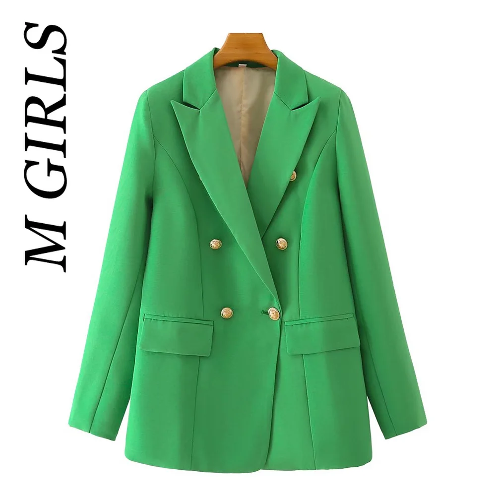 

M GIRLS Women Fashion Double Breasted Candy Color Blazer Coat Vintage Long Sleeve Flap Pockets Female Outerwear Chic Veste