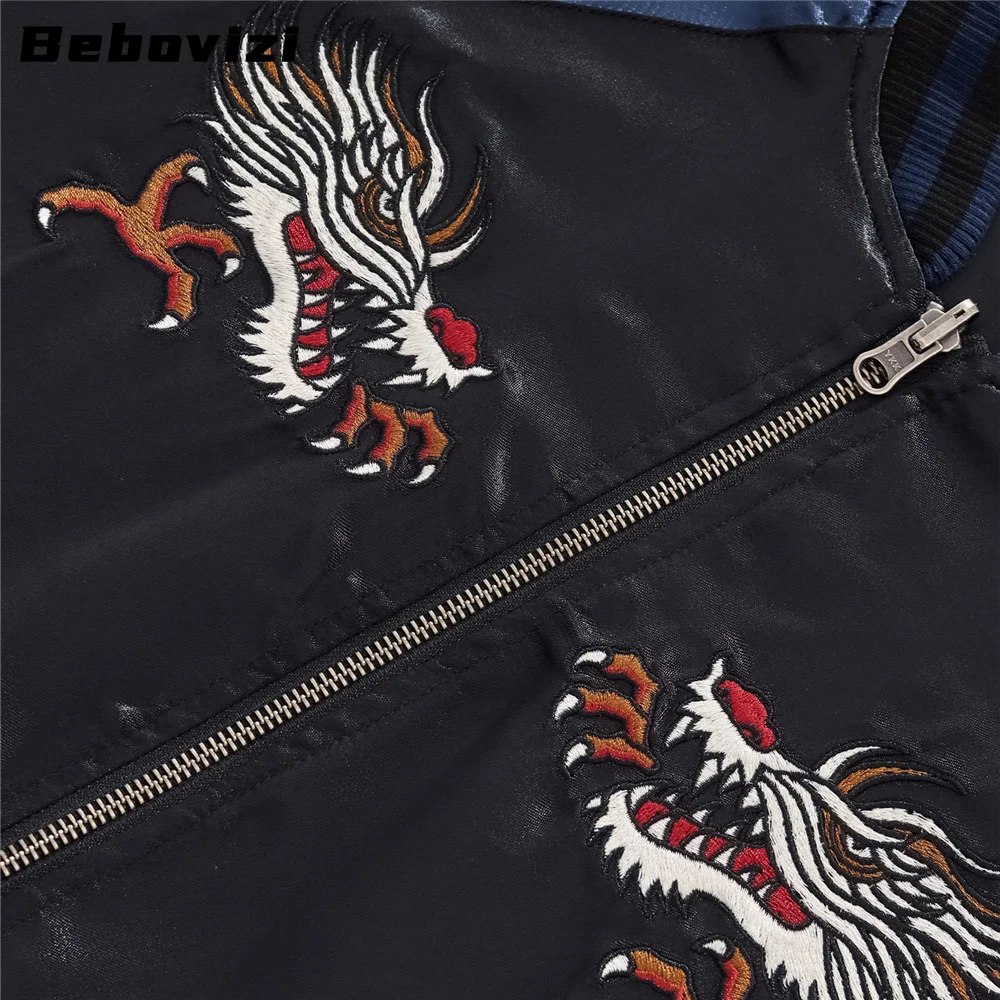 Фото Синяя куртка на молнии с вышивкой Tokyo Dragon, уличная одежда в стиле хип-хоп, мужское японское бейсбольное пальто в стиле Харадзюку, одежда №4