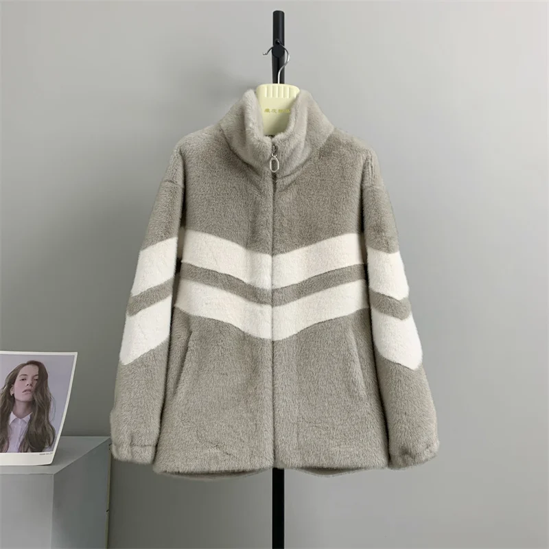 genuine wool 100% 2023 New Mink Fleece Loose Medium length Fur Stand Collar Contrast Color Autumn Winter Thickened Coat Appears