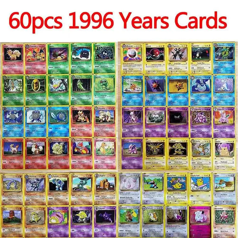 60pcs Pokemon 1996 Years Flash Card Box Case Charizard Pikachu  Display Playing Game Pokemon English Shining Card Children Gifts
