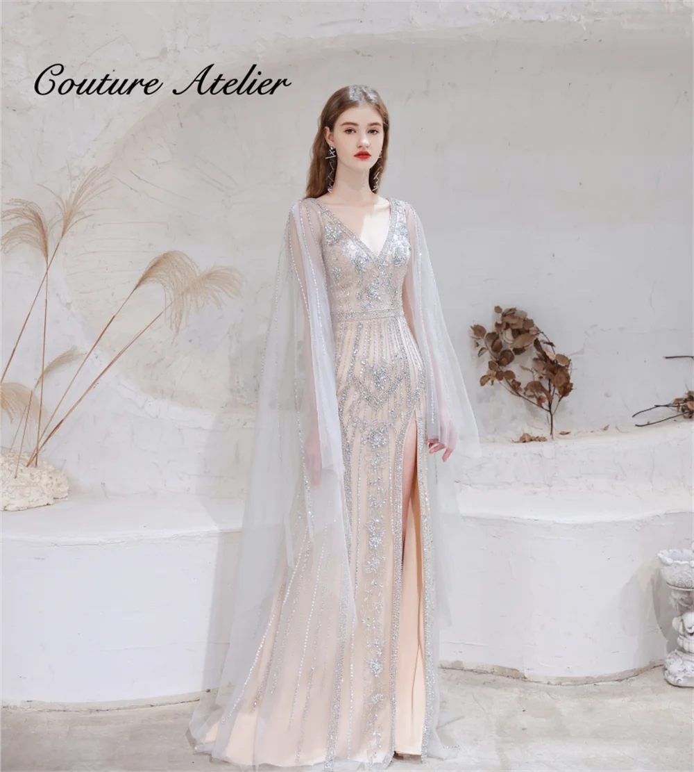 

Luxury Formal Dresses Evening Gown With Cape Slit Prom Dress Beaded Tea Party Gowns robe de soirée femme 1019