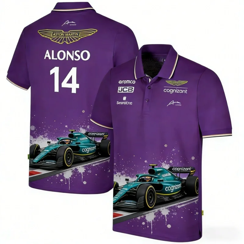 Фото Футболка-поло Aston Martin Team Alonso 14 Racing Theme с коротким рукавом для любителей автоспорта, повседневная спортивная одежда №5