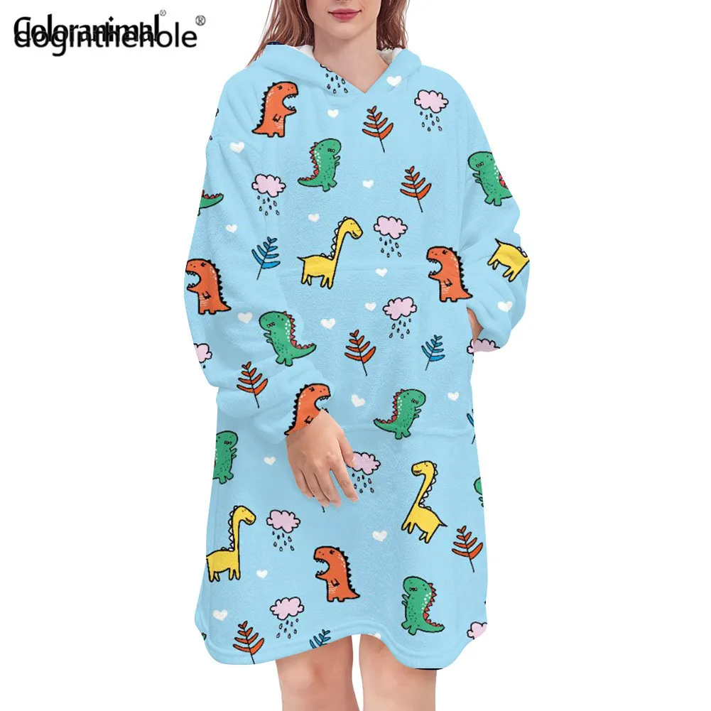 

Doginthehole Winter Thick Women Hooded Sleepwear Cute Cartoon Dinosaur Pattern Girls Nightdress Plush Onesies Home Pyjama 2022