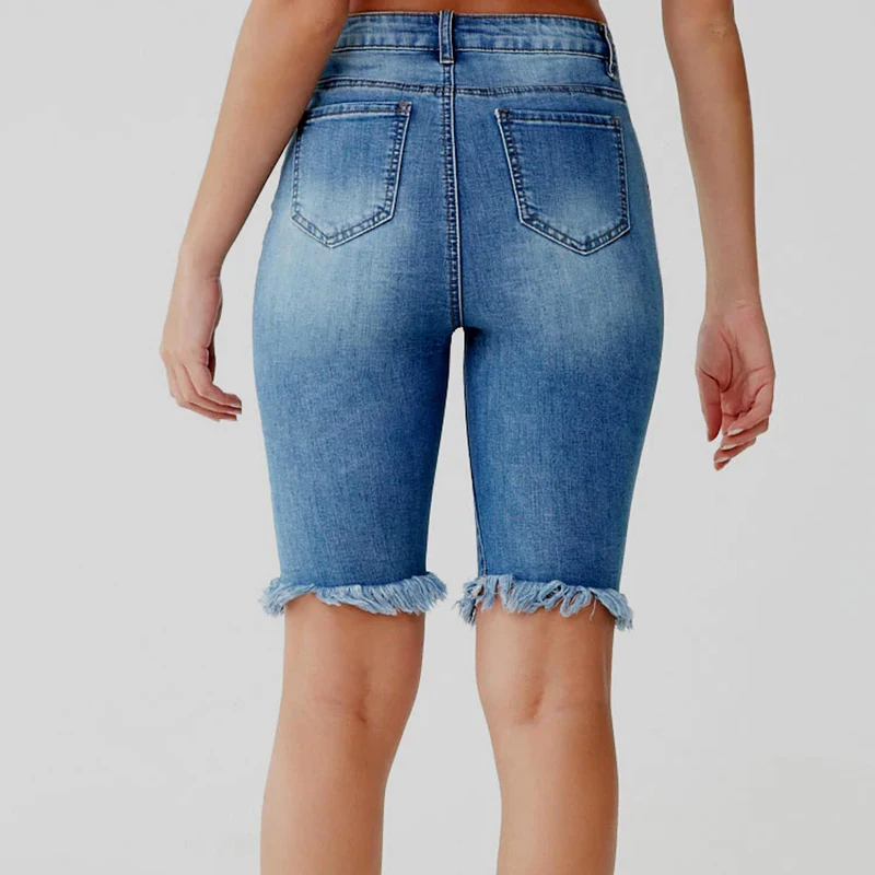 Ripped five-point jeans 2023 new ripped loose straight leg pants denim shorts female high waist summer