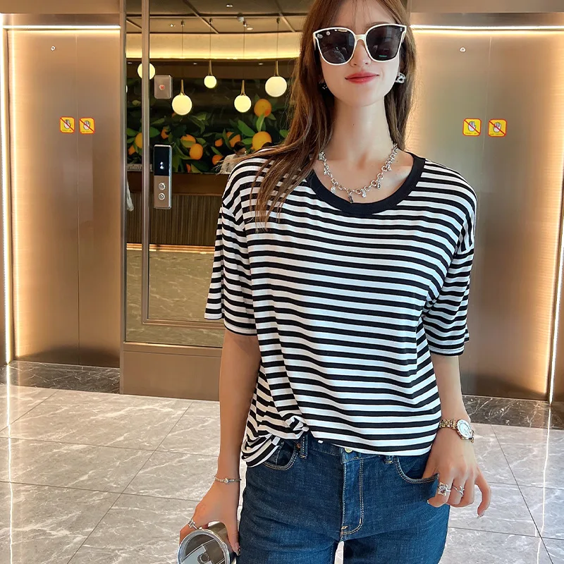 Summer Short Sleeve Striped T-Shirts Women Knitted Basic Casual Tops Female Cozy Loose Cotton Modal Tees 2022 Harajuku Shirt