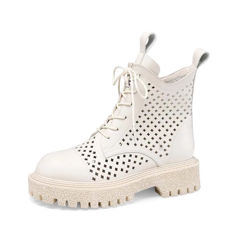 

New Arrived Microfiber Summer Hollow Lace Up Women Ankle Boots Zipper Decoration White Black Elegant Roman Square Heel Shoes