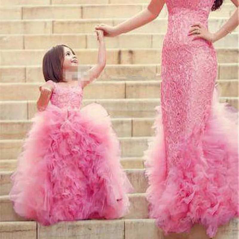

Pageant Pink Lace Tiered Princess Flower Girl Dresses for Wedding Kids First Communion Party Vestidos De Primera Comunion 2020