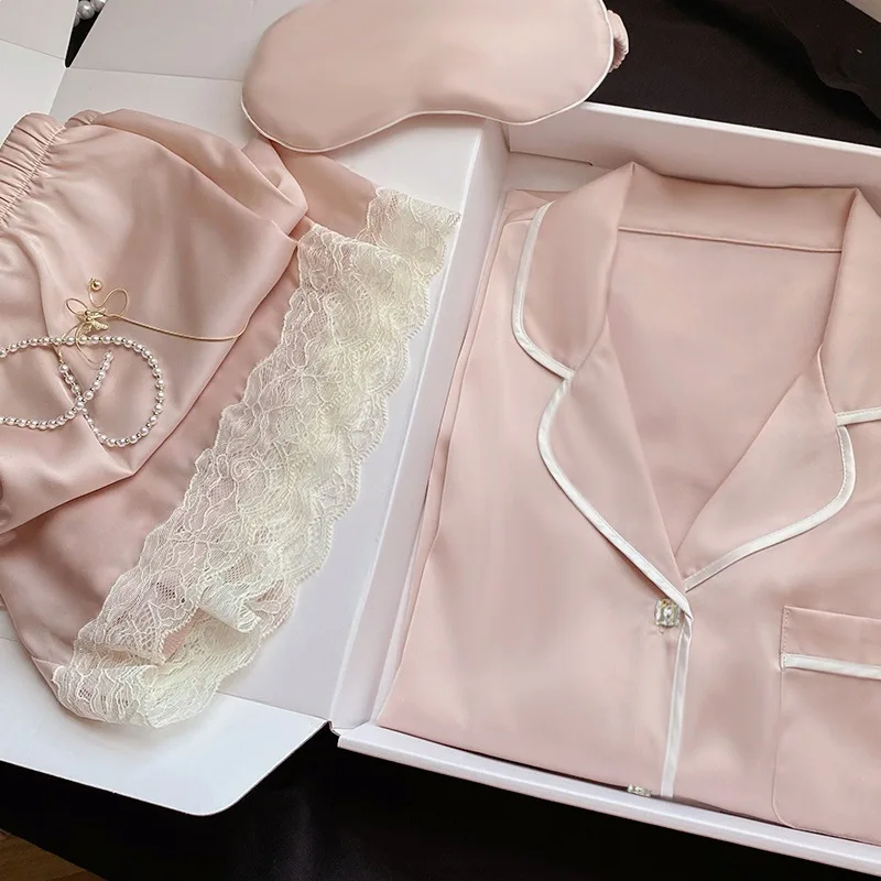 Silk Pajamas for Women Home Suit Lace Pyjamas Pj Set Satin Nightwear 2022 Fashion Female Clothing Sleepwear Soild Pijamas Women